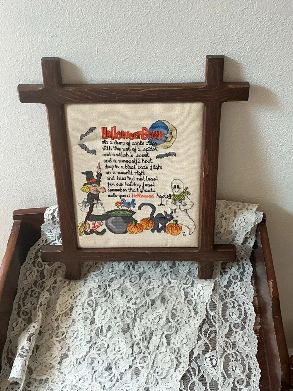 Vintage Completed Halloween Brew Cross Stitch Framed Wood Ox-Bow 1983 Whimsical